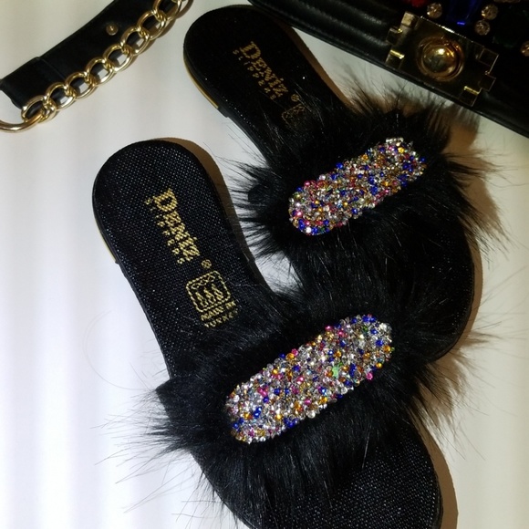 Fur slippers sliders sandals shoes glitter black! - Picture 3 of 4
